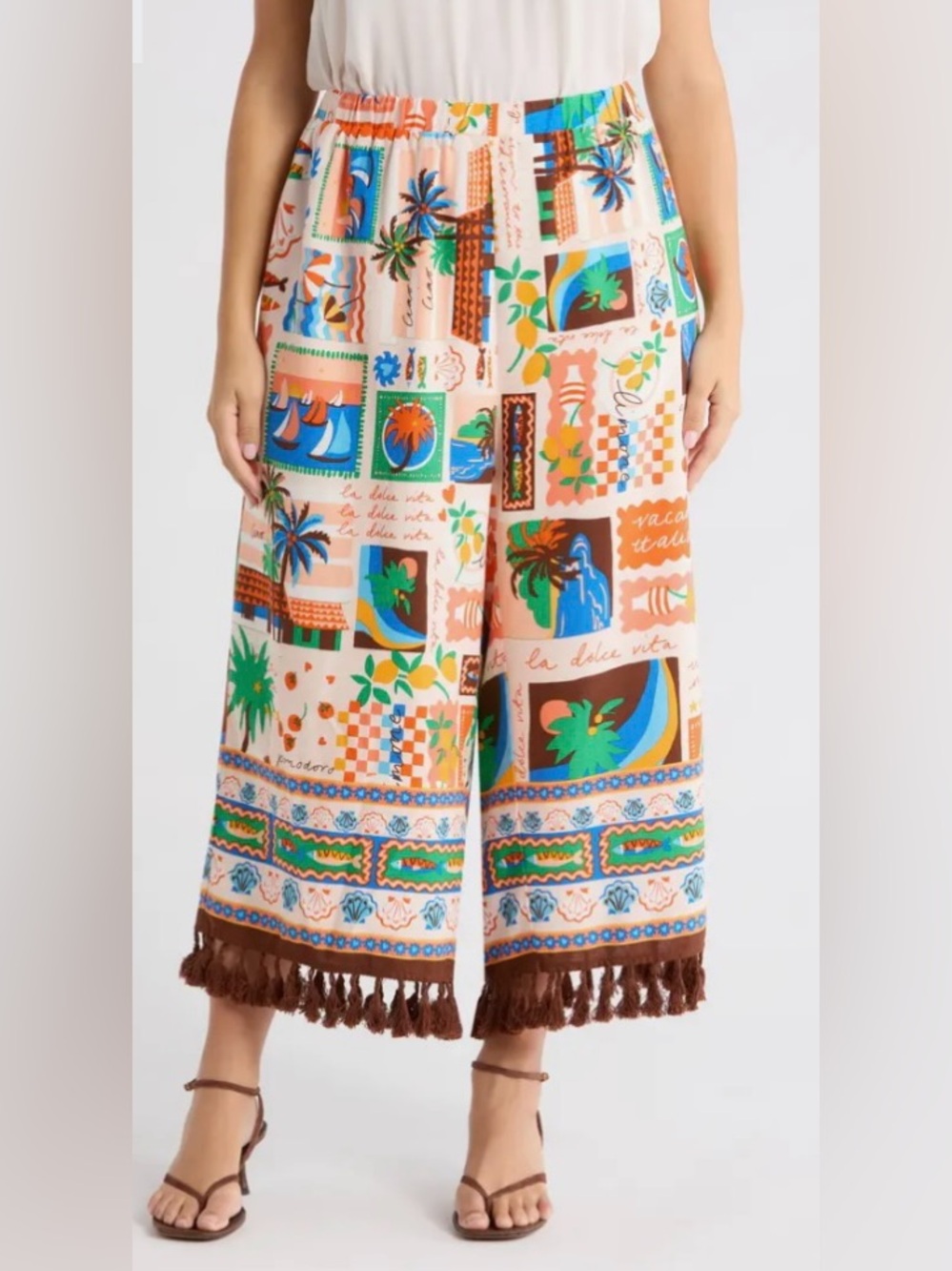 Sugarlips Stay Extra Tassel Trim Mediterranean Postcard Print Palazzo Pants 1X